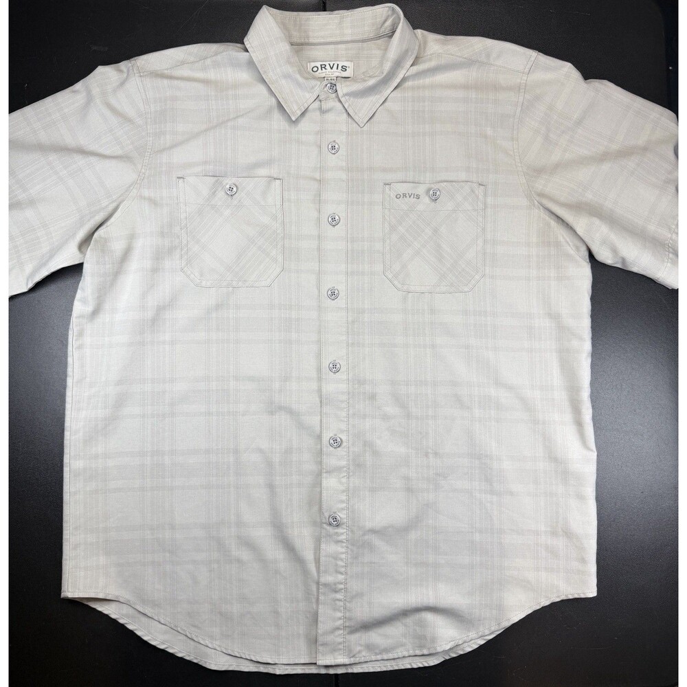 Orvis XL Shirt Light Gray Plaid Button Up Front Short Sleeve Pockets Mens